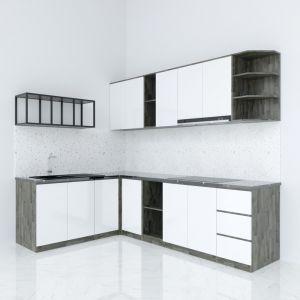 Hệ tủ bếp chữ L gỗ tự nhiên  ( không bao gồm mặt đá và bồn rửa) TBT004