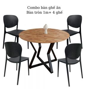 Bộ bàn ăn tròn mặt gỗ 1m và 4 ghế nhựa cao cấp CBBA101