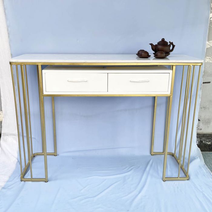 Bàn console, bàn trang trí mặt đá trắng khung sơn vàng CST003