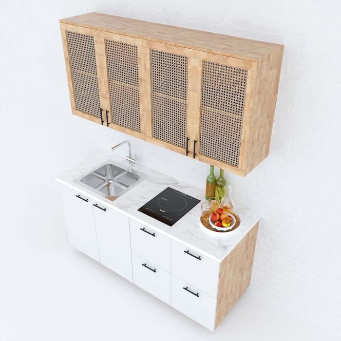 Tủ bếp trên 4 cánh gỗ cao su cửa lưới 160x35x75cm TBT001