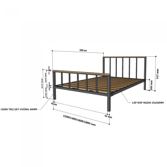 Giường ngủ khung sắt gỗ tự nhiên dày 17mm GN010