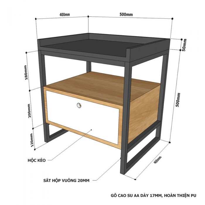 Tủ đầu giường khung sắt, gỗ tự nhiên TDG021 
