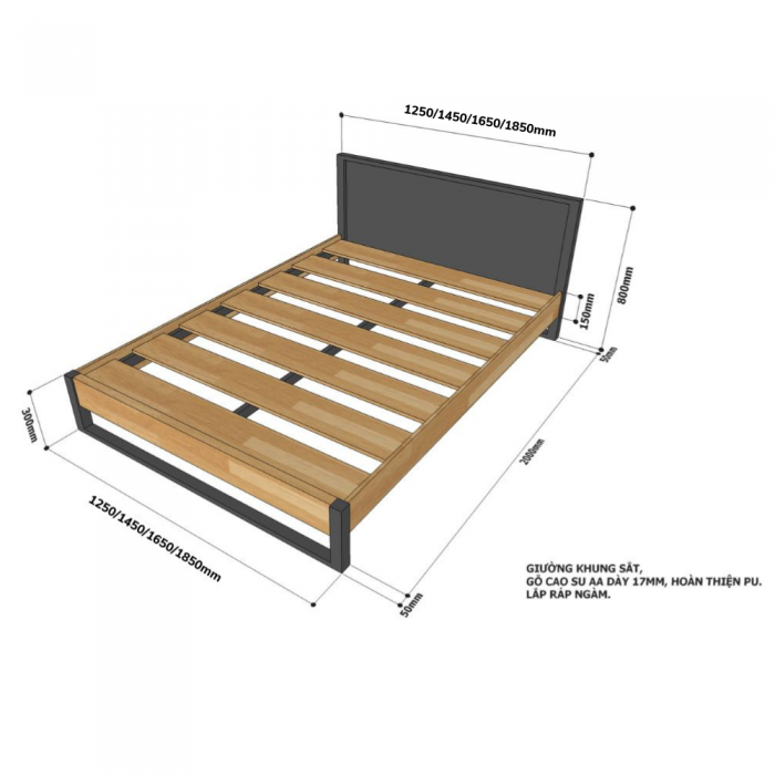 Giường ngủ Mony gỗ tự nhiên khung sắt lắp ráp GN02