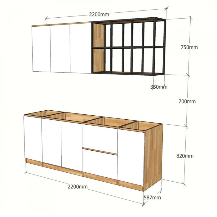 Bộ hệ tủ bếp gỗ cao su kết hợp kệ khung sắt BTB007